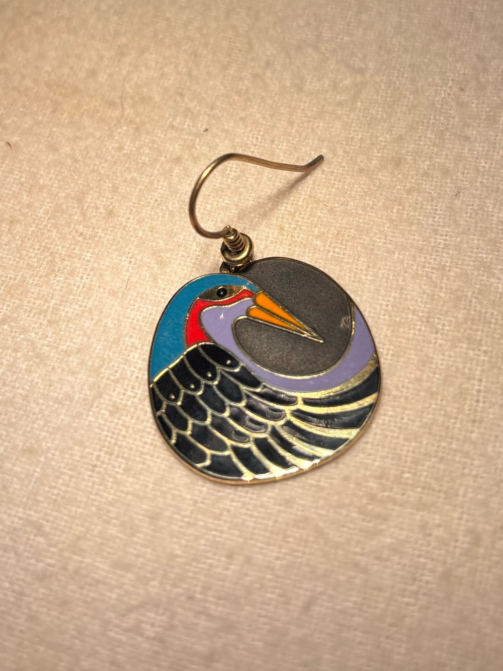 1 Vintage 80s Laurel Burch Nile Bird Gold Plated Black Drop Earring Eclectic